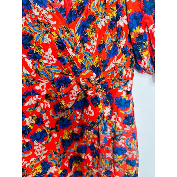 SALONI Red Floral Flame Azalea Olivia Tie-Waist 100% Silk Ruched Ruffles Dress 6 - Picture 4 of 16